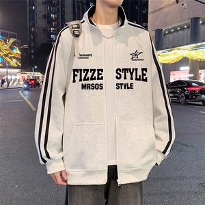 H211P55加绒65美式重磅卫新款立领拉链开衫运动外套休闲上衣图片