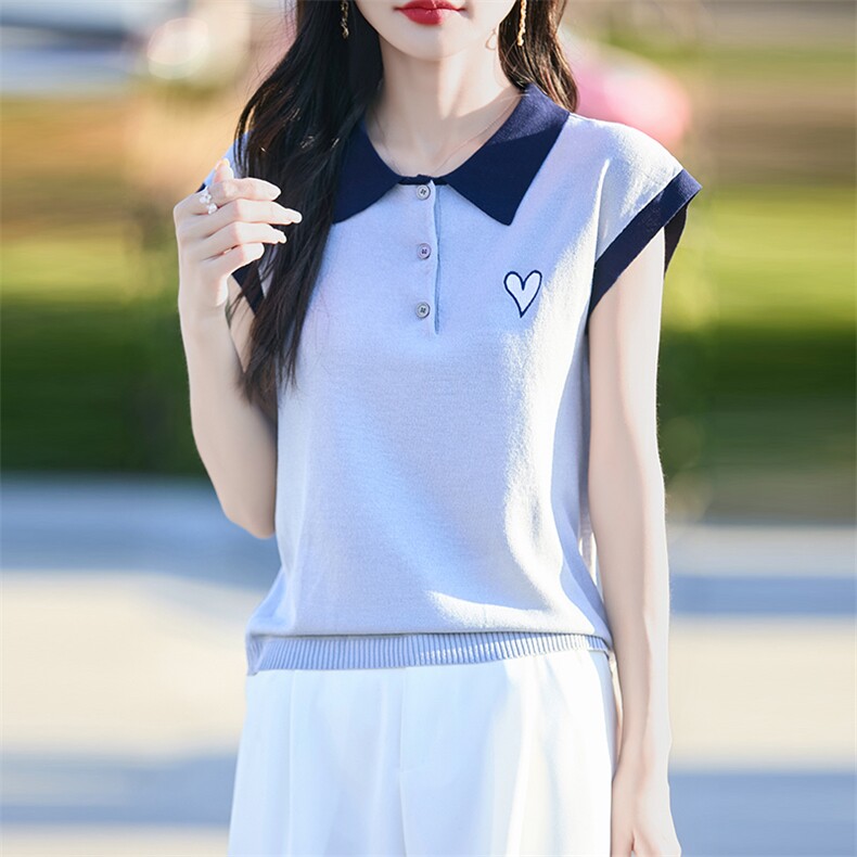 2025夏季翻领冰丝短袖T恤女时尚刺绣拼色薄款POLO领飞袖百搭上衣,女装T恤,思牵羊绒