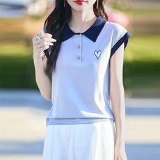 2025夏季翻领冰丝短袖T恤女时尚刺绣拼色薄款POLO领飞袖百搭上衣，女装T恤，思牵羊绒