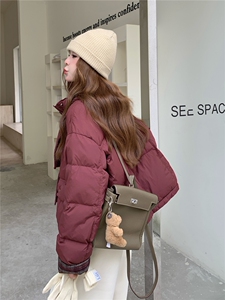 现货新款韩版宽松立领撞色格子袖口羽绒服短款外套面包服图片