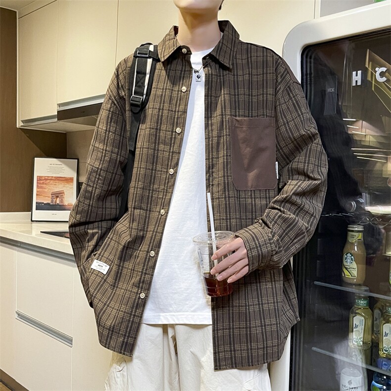 F118-P36美式复古格子衬衫男2024春季新款潮牌宽松百搭长袖衬衣,男装衬衫,星座512-6