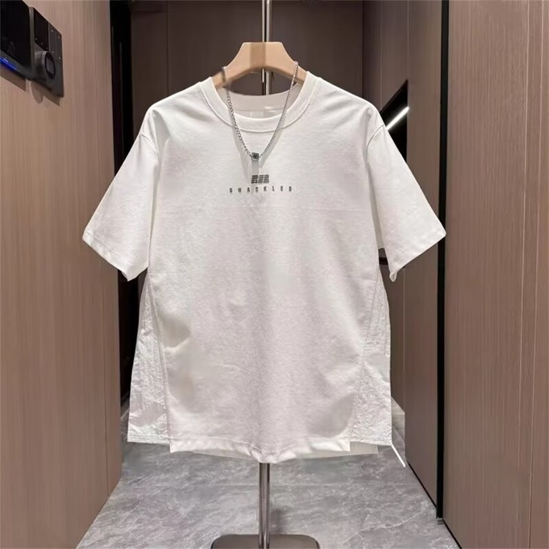 2025夏季潮牌拼接硅胶圆领短袖男士简约时尚宽松百搭休闲半袖T恤图片