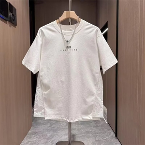2025夏季潮牌拼接硅胶圆领短袖男士简约时尚宽松百搭休闲半袖T恤图片