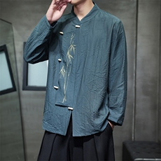 新品（折枝金竹）棉麻混纺绣花木头扣大码宽松长袖衬衫男女款，男装衬衫，星座305A（原312A-1）