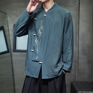 新品（折枝金竹）棉麻混纺绣花木头扣大码宽松长袖衬衫男女款图片