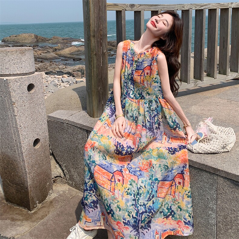 蕾丝拼接度假风无袖碎花连衣裙女夏2025新款绝美流行爆款多巴胺图片