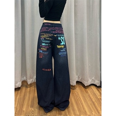 有货。印花牛仔裤女街头辣妹宽松阔腿拖地长裤RK3405-P53，男装牛仔裤，星座412-3