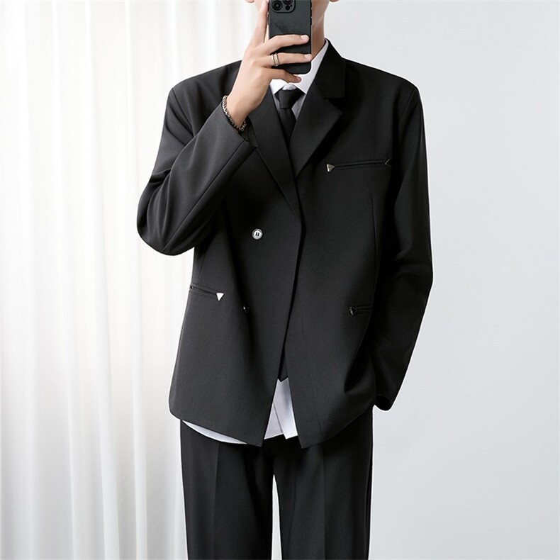 双排扣垫肩小西服男士痞帅高级感休闲西装外套单西修身秋装W36，男装西服套装，星座516A