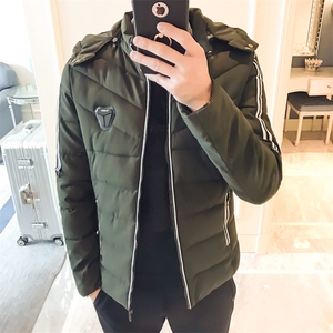 精致韩风 时尚都市 加厚 仿丝棉 拉链 可脱卸帽 纯色 棉衣 修身型 休闲 青年图片