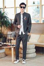 W202*男士中山装两件套复古中国风立领西装套装心禅黑*P120，男装西服套装，星座1516（原B303）