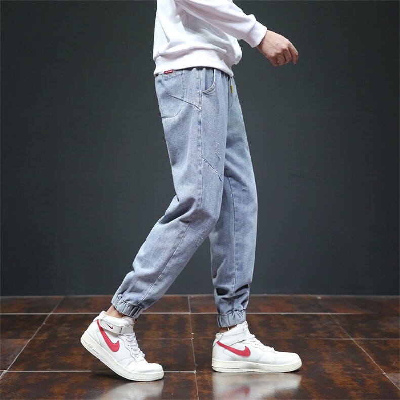 ins秋季宽松牛仔裤潮男松紧腰潮牌束脚裤哈伦九分工装裤8011-P45，男装牛仔裤，电商A318