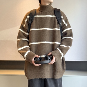 秋季新款港风条纹慵懒风套头高领保暖毛衣男 XZ608-TM281-P65控88图片