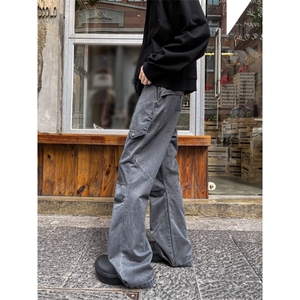 美式灰色水洗工装牛仔裤男潮牌宽松高街小众微喇长裤子NK110/P65图片