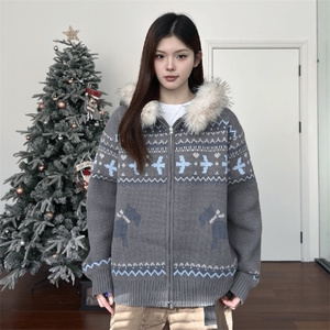 重磅北极绒座山雕毛衣外套冬美式复古休闲慵懒风大毛毛领针织开衫图片