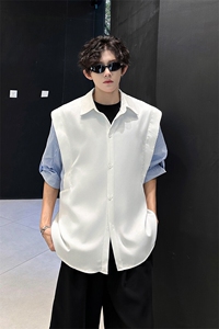春夏新款假两件宽松拼接飞肩设计感假两件条纹短袖衬衫卫衣特P39图片