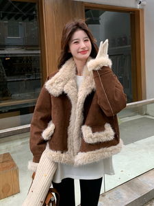 美拉德棕色仿皮毛一体棉服外套女冬季2025新款加厚绒小个子短款图片