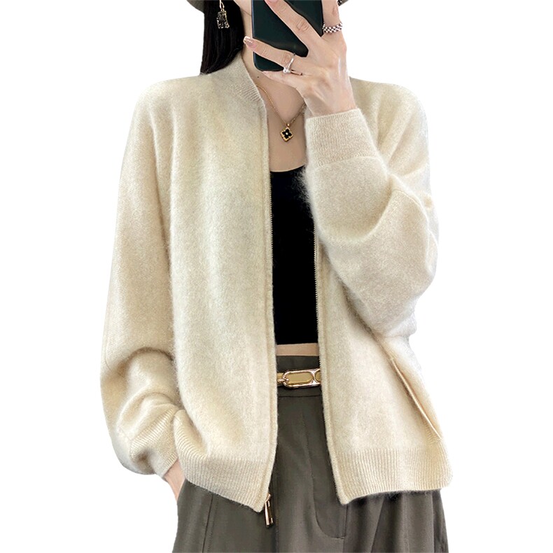 优雅女士纯山羊绒宽松拉链开衫外套,女装羊绒衫,臻维羊绒