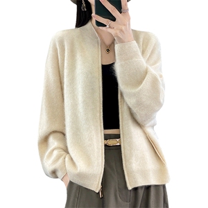 优雅女士纯山羊绒宽松拉链开衫外套图片