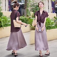 可退现2025夏季现货可推天丝轻薄短袖防晒衬衫＋醋酸提花吊带裙女，女装套装/套裙，时尚风爆