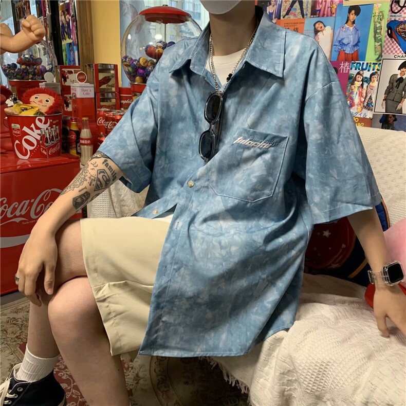 扎染衬衫男ins港风嘻哈潮牌短袖外套宽松冰丝花衬衣痞帅CY441-P22图片