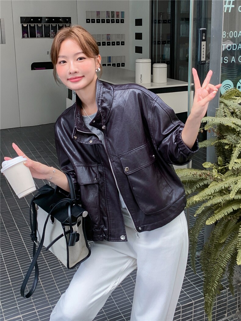 复古机车皮衣女秋装新款短款翻领皮夹克今年流行黑色外套气质显瘦,女装皮衣,意芙