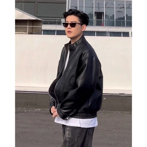 黑色立领机车PU皮衣男士秋冬高级感痞帅短款外套美式高街工装夹克图片