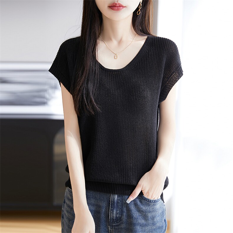 针织短袖女2025夏季时尚薄款上衣高级感超好看半袖天丝亚麻T恤衫,女装背心吊带,朝思羊绒