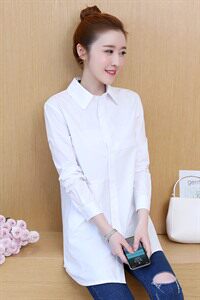 排多扣 POLO领 纯色 衬衫 2021年春季 长袖 中长款 时尚 修身 显瘦 淑女图片