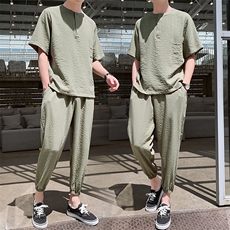 男士夏季潮流套装短袖T恤青少年运动服九分裤两件套男DS405T，男装T恤，电商A102