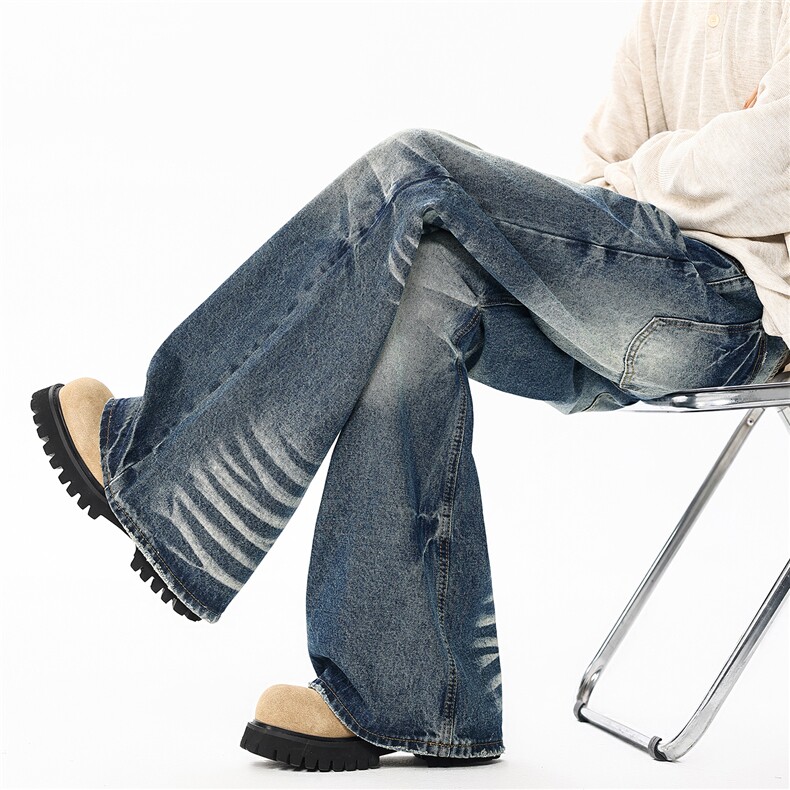 重工猫须磨白水洗做旧牛仔裤190男高个子加长微喇休闲阔腿裤KZ094，男装牛仔裤，电商B312