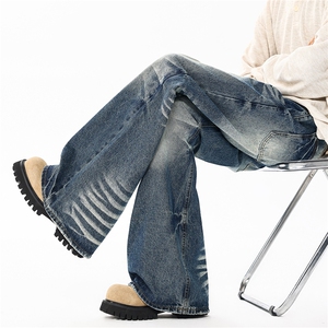 重工猫须磨白水洗做旧牛仔裤190男高个子加长微喇休闲阔腿裤KZ094，男装牛仔裤，电商B312