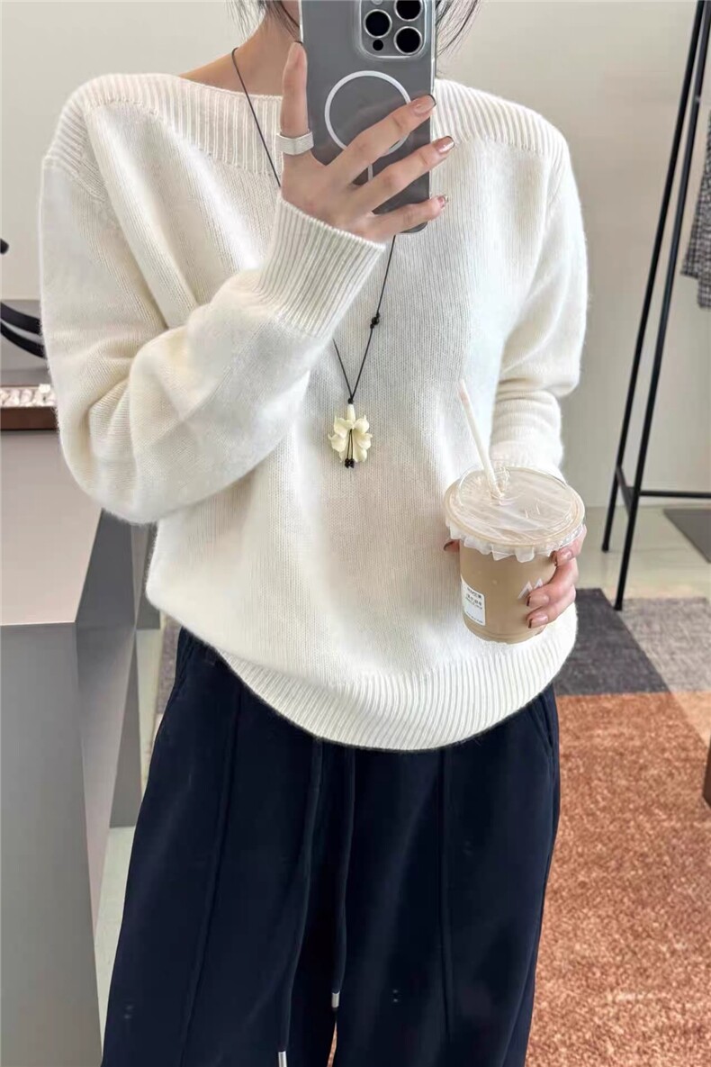 2025年秋季直筒型通勤单件长袖套头一字领半截抽条时尚百搭，女装羊毛衫，圣旺供货