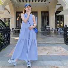 韩系蓝色条纹无袖连衣裙女夏季2025新款设计感休闲a字长款背心裙，女装连衣裙，2C158