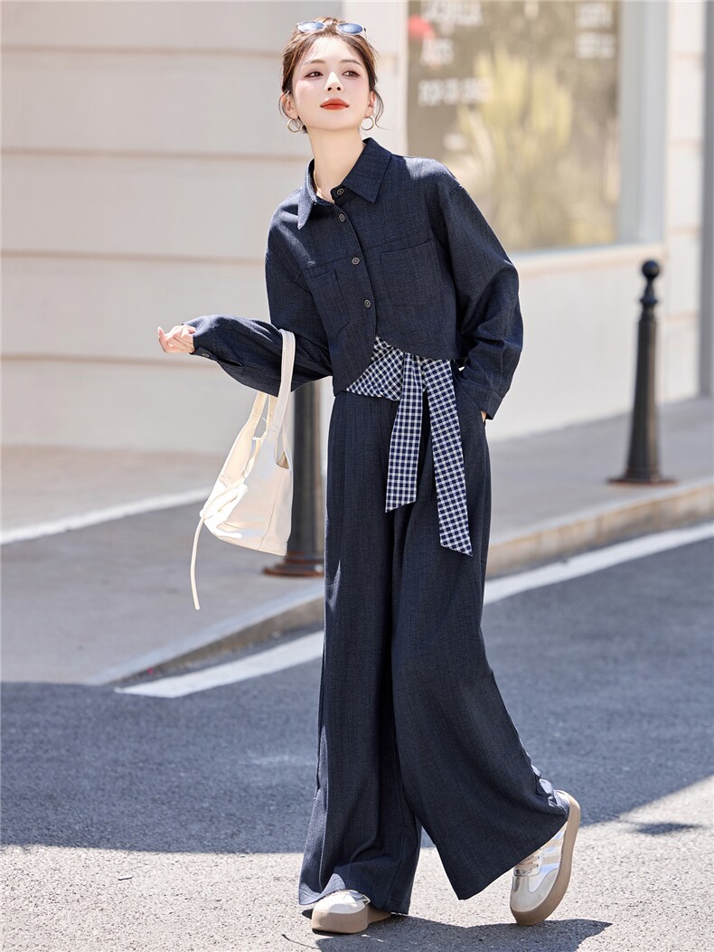 休闲时尚方格牛仔套装女2025年春秋新款高腰宽松显瘦阔腿裤三件套,女装套装/套裙,意芙