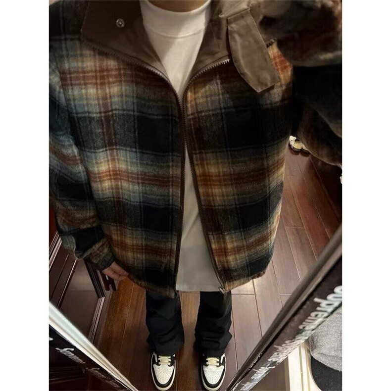 美式复古格纹棉衣潮牌痞帅棉服双面穿外套男秋冬加厚棉袄,男装夹克,星座506A