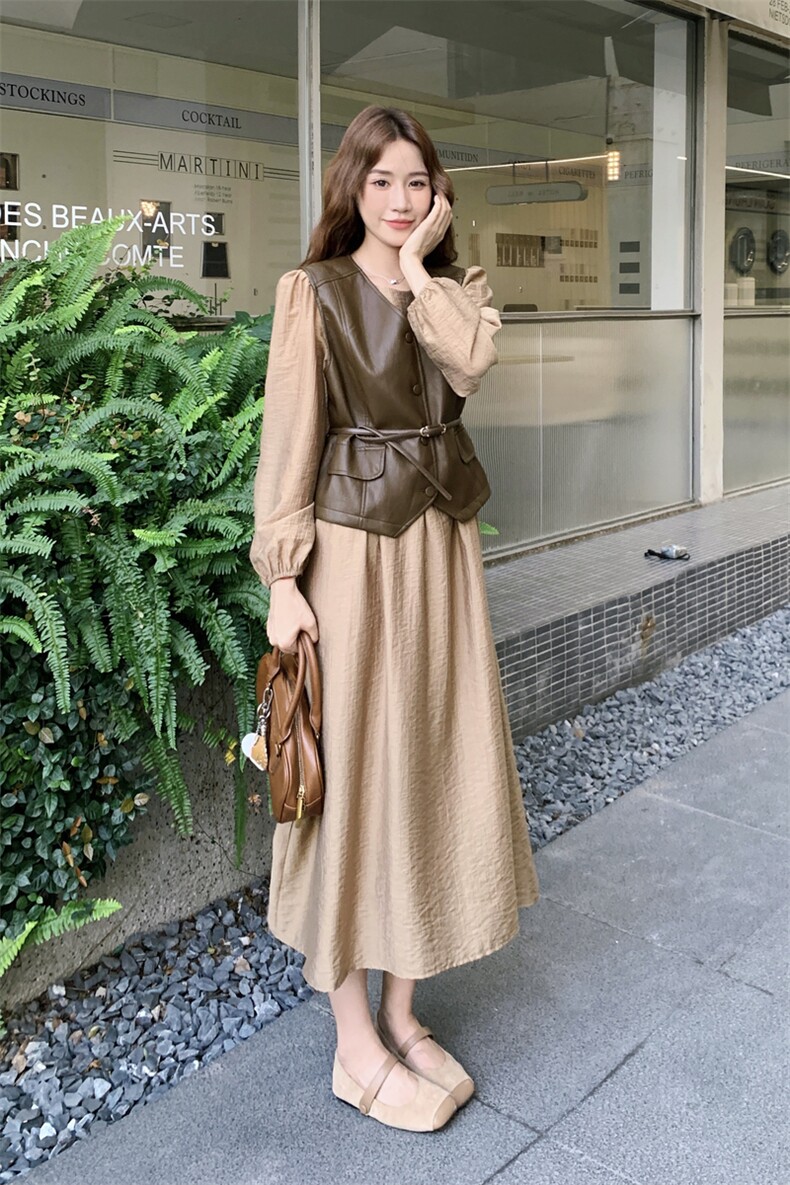 秋季连衣裙皮马甲时尚两件套女,女装套装/套裙,秋水欣儿