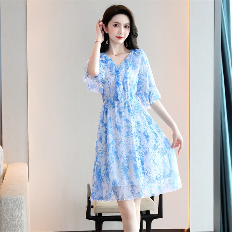 减龄2025超火雪纺垂感连衣裙子女夏季高端轻奢高级感小个子巨好看,女装连衣裙,罗得堡