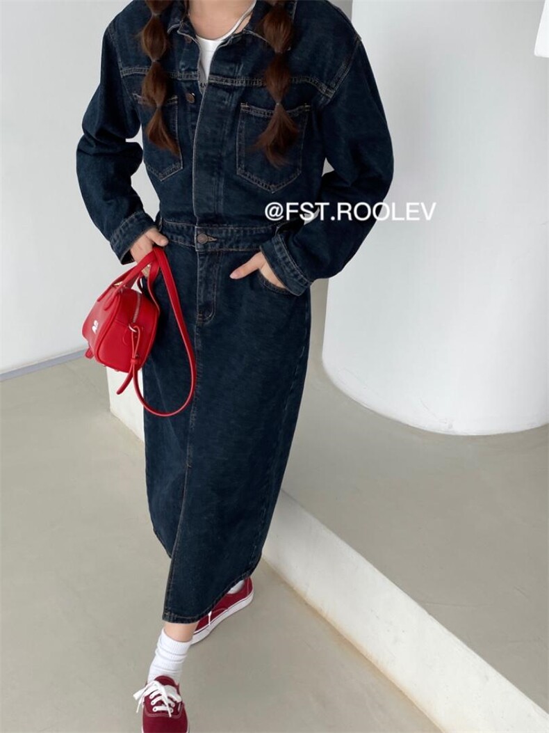 复古牛仔连衣裙，女装连衣裙，FST