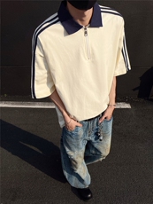 得物300克重磅纯棉宽松撞色打底短袖拉链POLO衫T恤男RH5033-特P40，男装T恤，星座610B-1