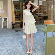 名媛小香风套装裙女夏轻奢高级感无袖西装马甲百褶短裙气质两件套，女装套装/套裙，玖莱伊