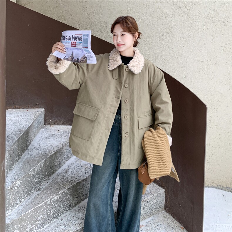 羊羔毛翻领工装羽绒服女2025年冬季新款中长款加厚90白鸭绒派克服,女装羽绒服,2B187