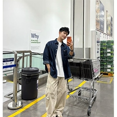 现货日系牛仔蓝翻领水洗长袖衬衫男C180/P53，男装衬衫，星座205-3