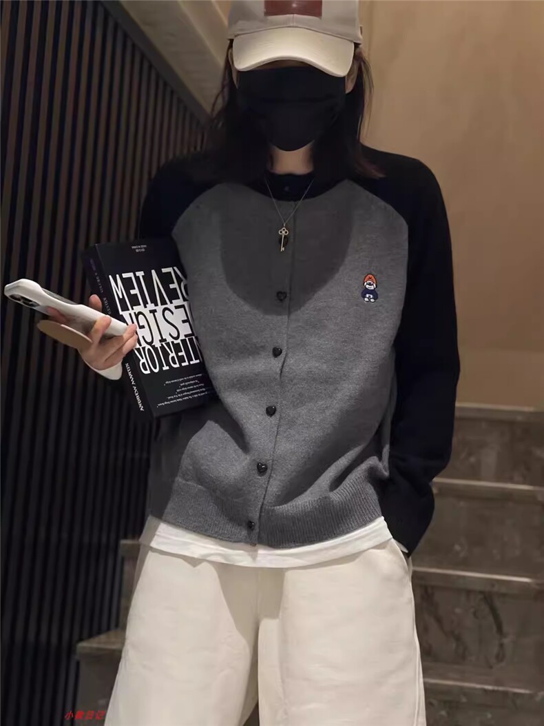 圆领2024年秋季长袖拼色气质时尚简约针织外套,针织衫/毛衣,德聚羊绒