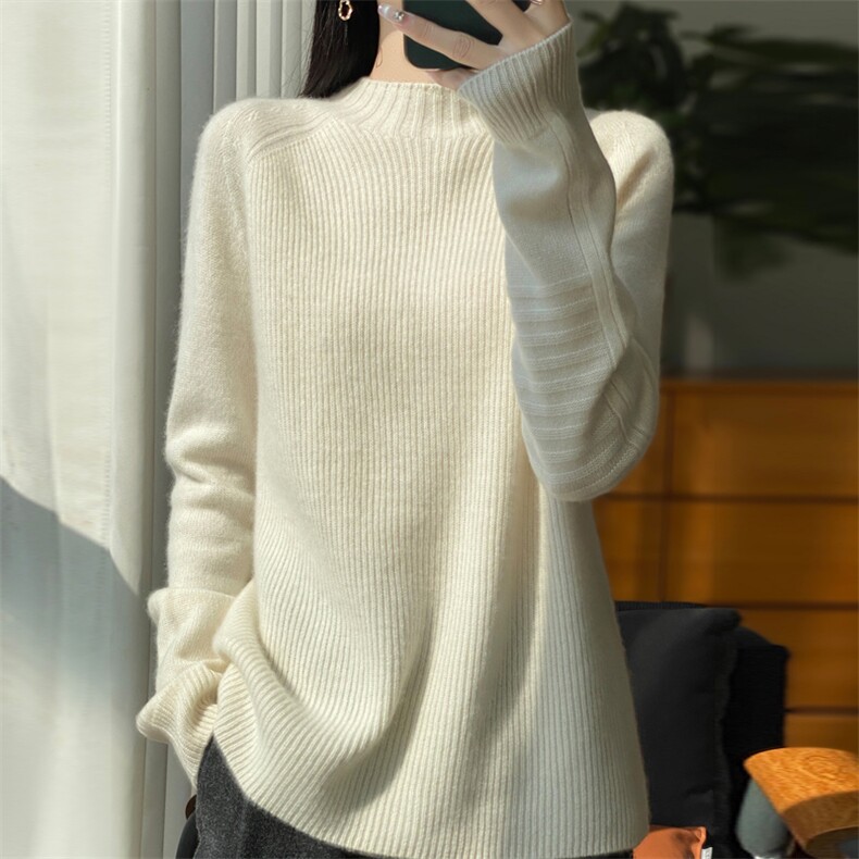 100%纯羊毛插肩袖针织打底衫女无缝套头宽松加厚保暖内搭毛衣新款,女装羊毛衫,昭美羊绒