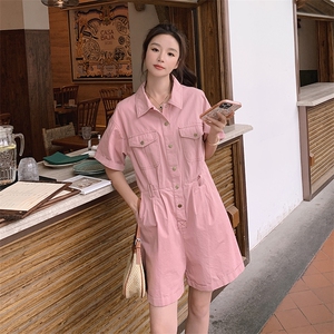 小个子粉色连体短裤女2023夏新款韩版网红少女工装辣妹连衣裤图片