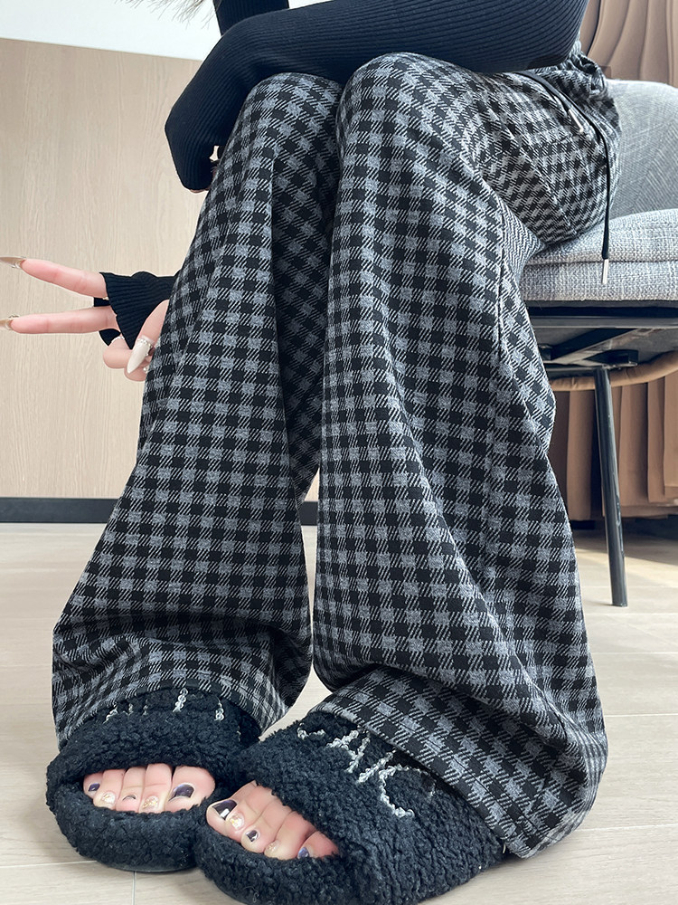 休闲直筒高腰复古格子裤女宽松抽绳阔腿慵懒风加长阔腿裤,女装休闲裤,云美莎专业女裤-全店现货