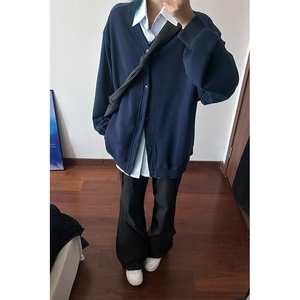 假两件开衫卫衣男女藏蓝色春秋基础款衬衫情侣长袖针织衫外套W053图片
