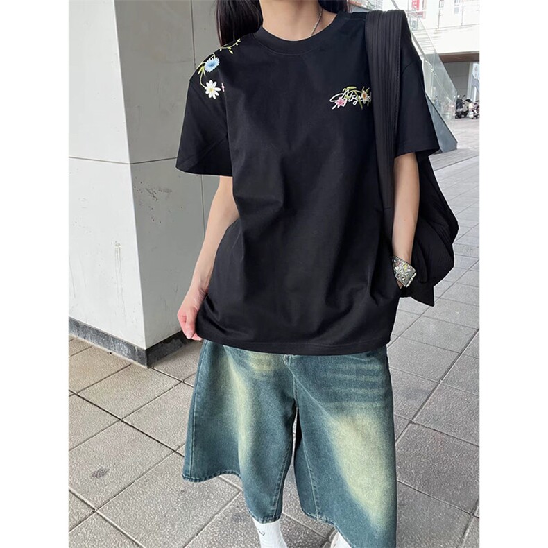 万针全刺绣工艺抖音得物高品质260克重磅纯棉双纱美式高街短袖T恤,男装T恤,电商A486-1
