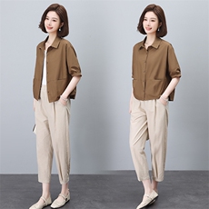 时尚翻领棉麻休闲套装女夏季新款宽松显瘦两件套气质百搭小香风，女装套装/套裙，依恋蒂丝