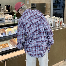 美式字母刺绣格子衬衫春秋男女oversize休闲衬衣外套CS124-p43，男装衬衫，星座1008-1